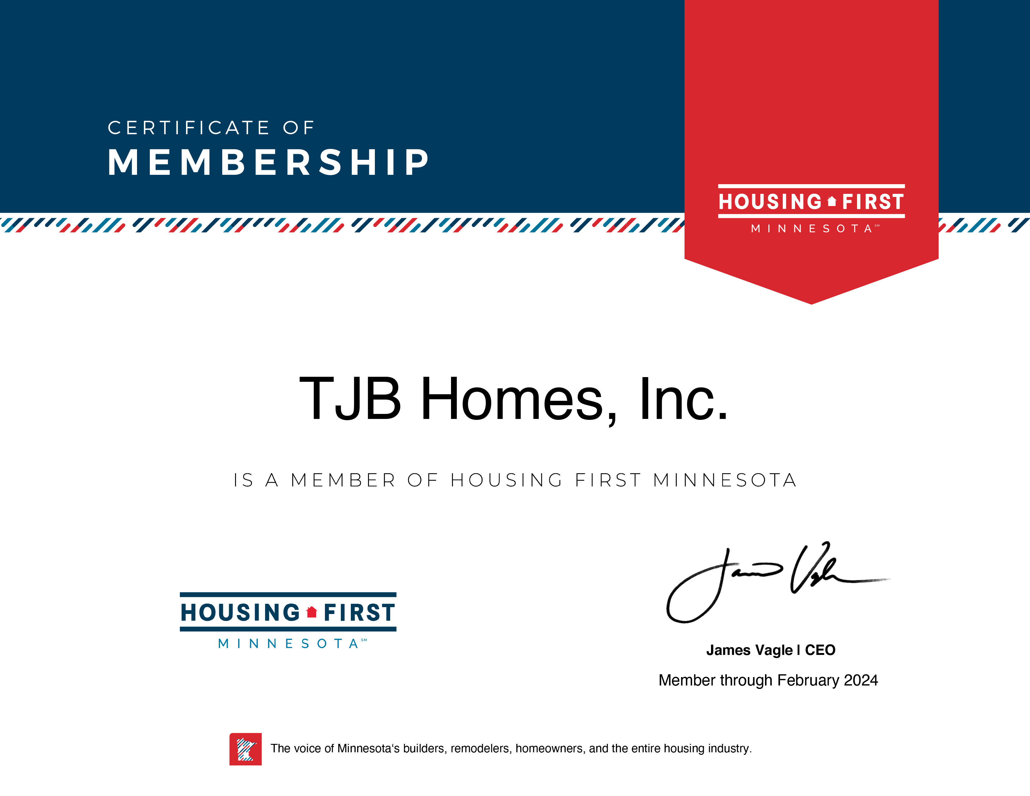 TJB Homes, Inc is a Member of Housing First Minnesota