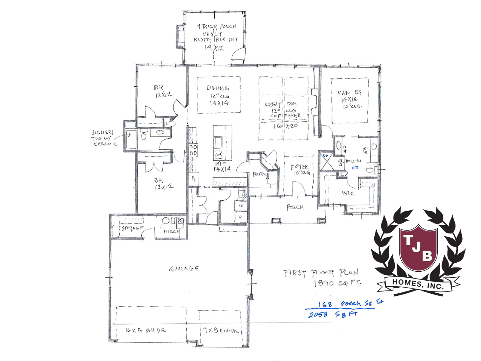 Latrobe Home Plan first floor features Main Floor Owner's Suite, Great Room Coffered Ceiling Beams, Kitchen with Pantry, Dining with Step Ceiling, Mudroom, Laundry, Front Porch, 4 Track Vaulted Porch, 2 Additional Bedrooms, Additional Baths, 3 Stall Garage with Storage and Mechanical Room