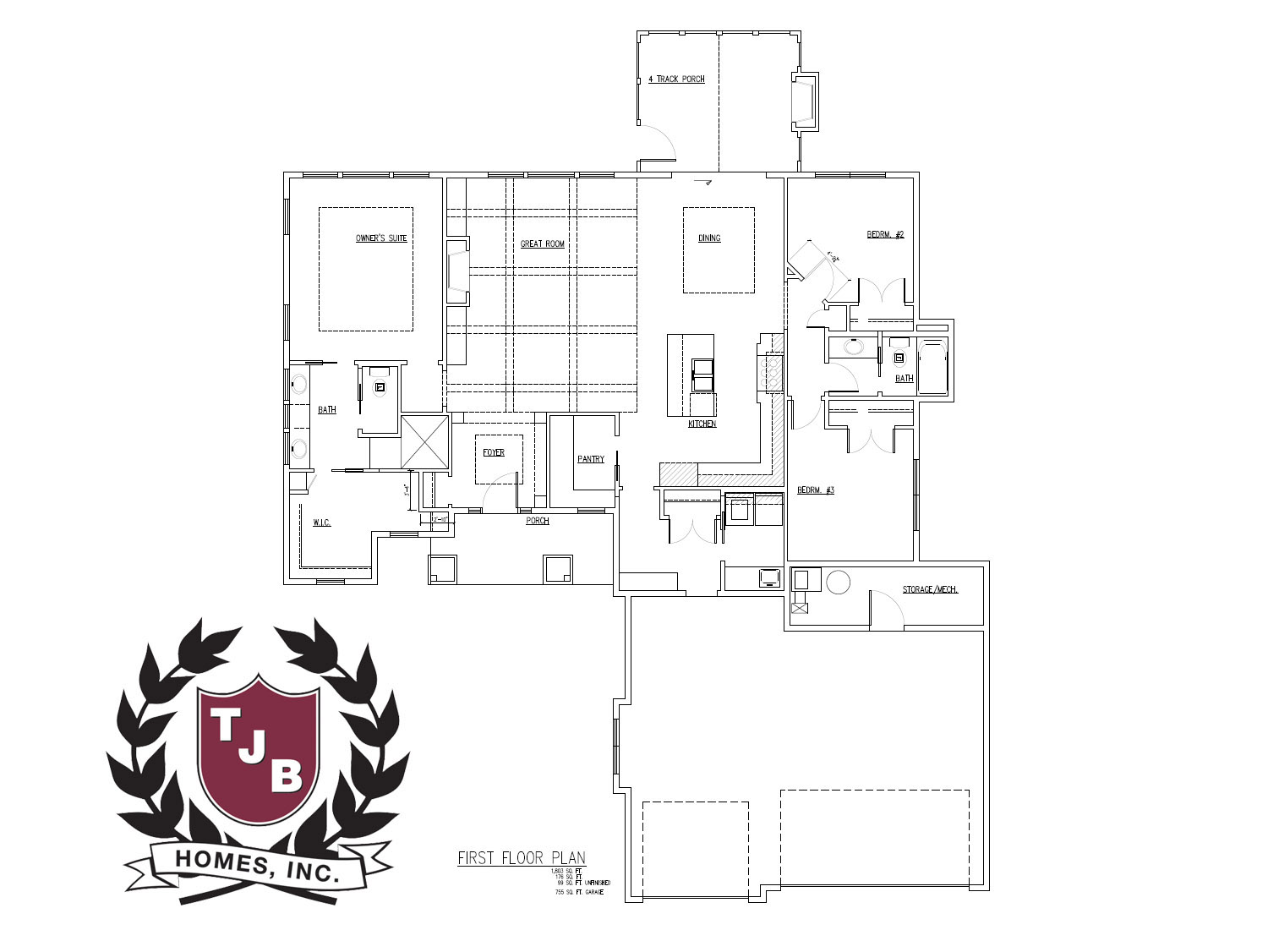 TJB #756 Jenna Home Plan first floor features Main Floor Owner's Suite, Great Room Coffered Ceiling Beams, Kitchen with Pantry, Dining with Step Ceiling, Mudroom, Laundry, Front Porch, 4 Track Vaulted Porch, 2 Additional Bedrooms, Additional Baths, 3 Stall Garage with Storage and Mechanical Room