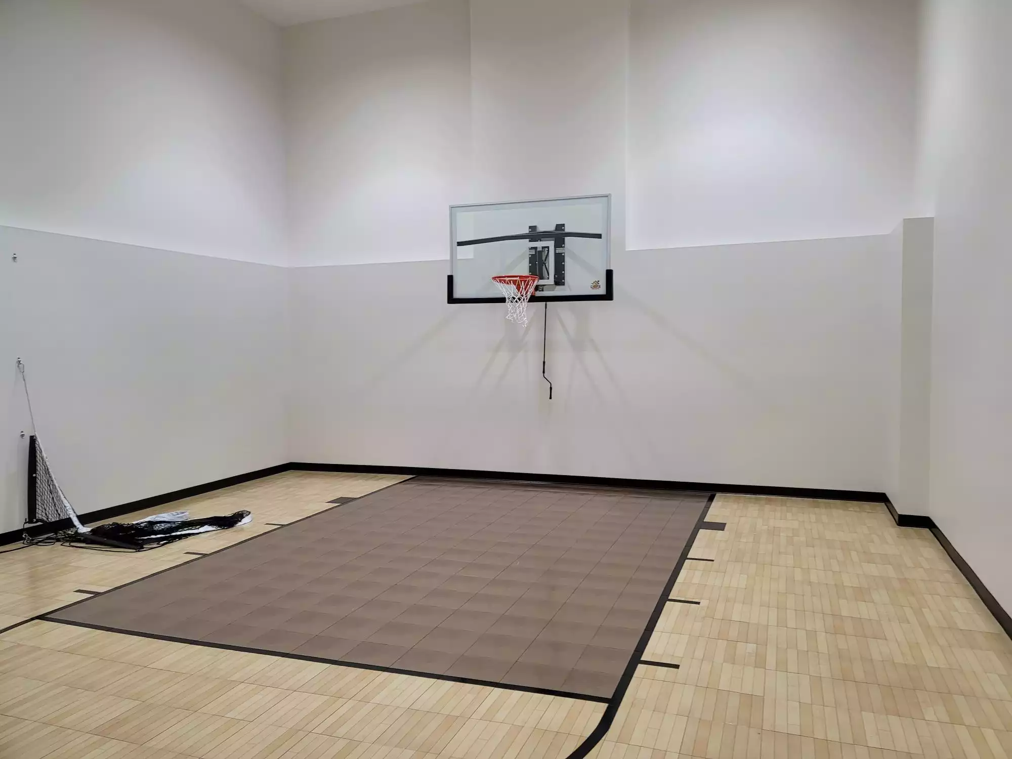 Sport play room with basket ball court & hoop plus net for volleyball and pickle ball
