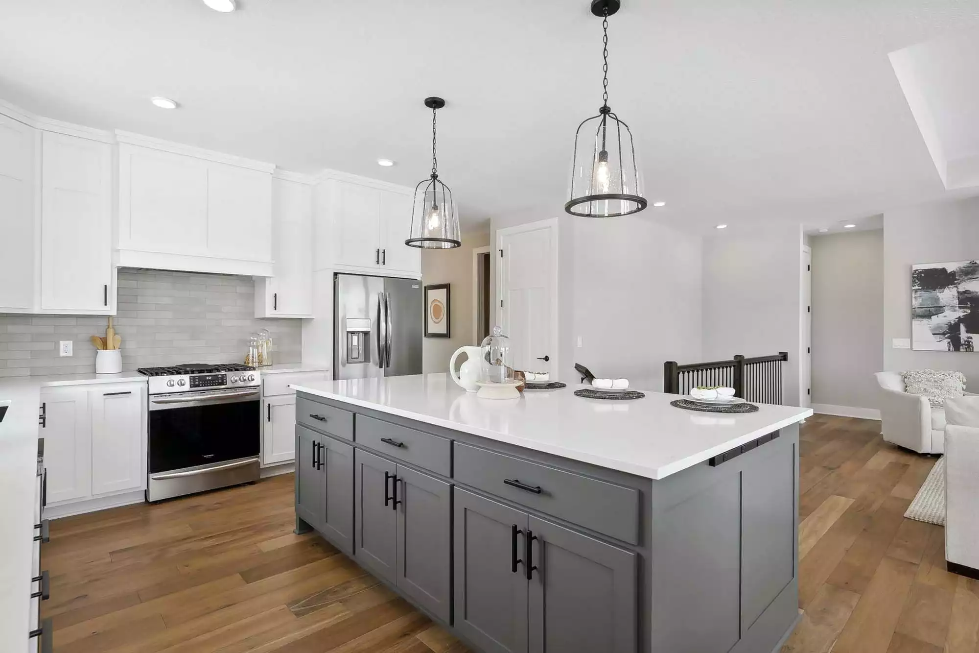 Kitchen island enameled grey cabinets