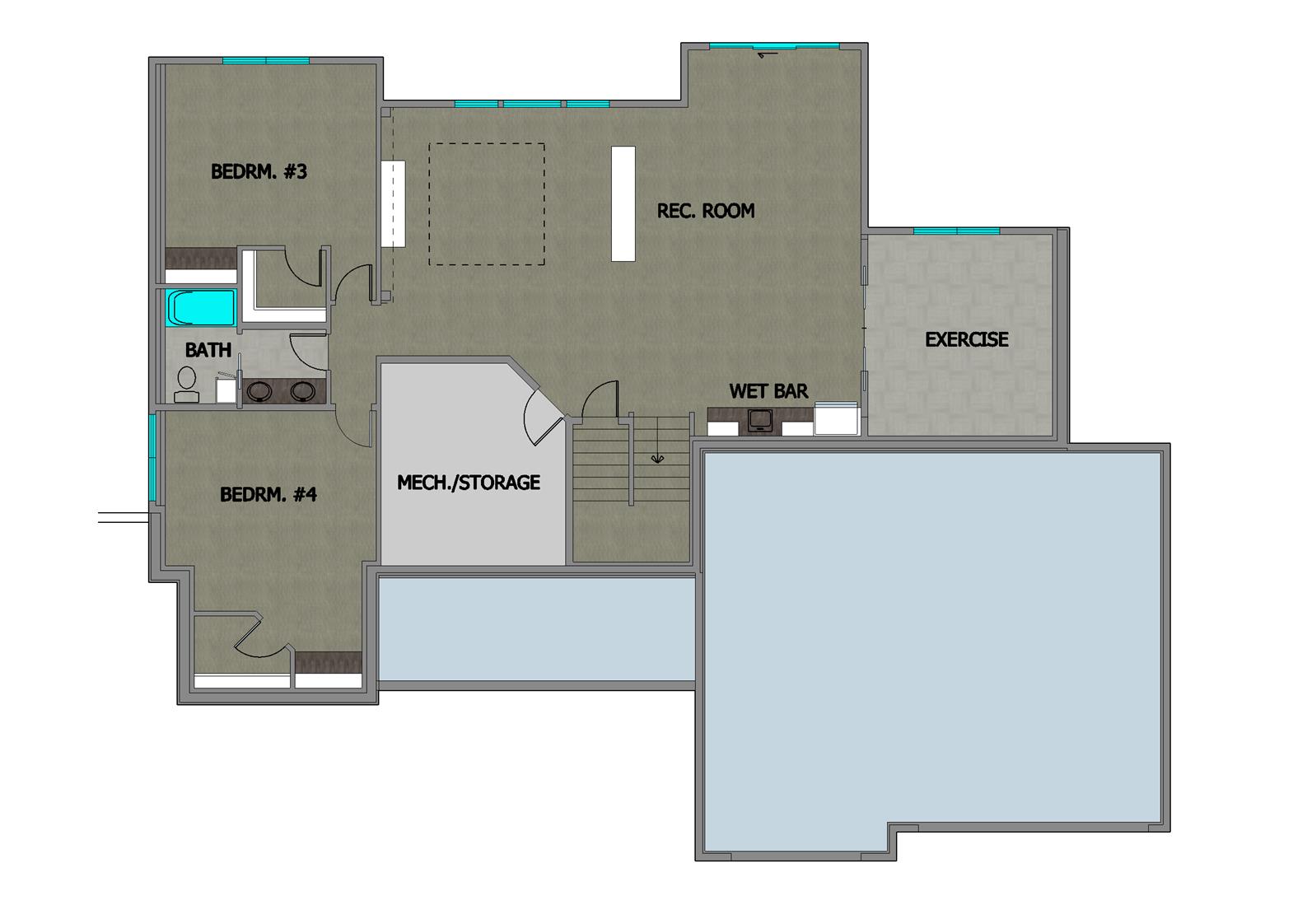 TJB #702 Charlotte Rambler Home Plan Color Basement Floor Plan