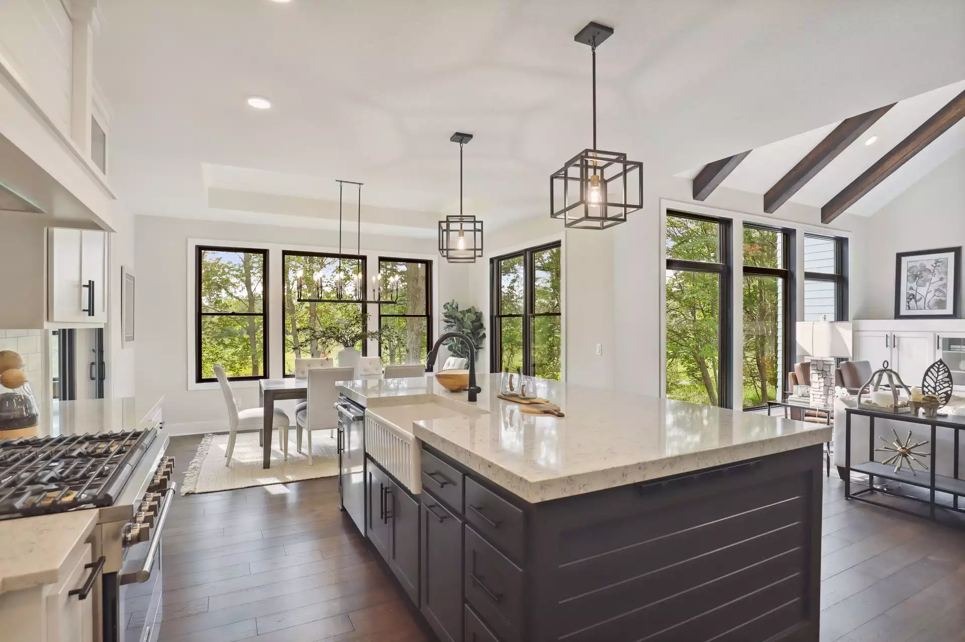 Open kitchen plan takes in views from extra tall windows