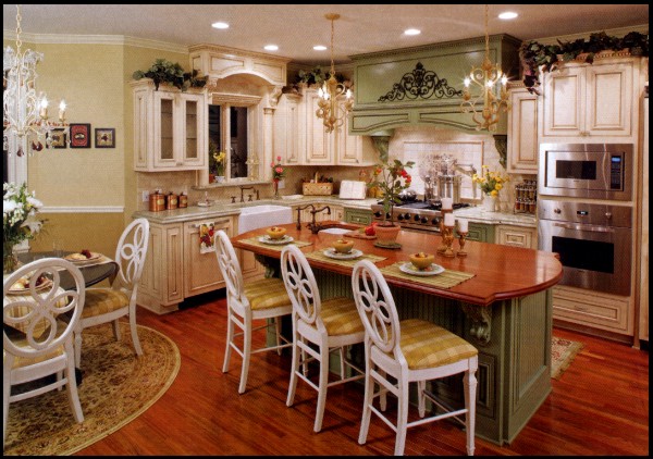 A cheery kitchen that cooks-and features a Brazilian cherry island, glazed cabinets, and granite countertops.