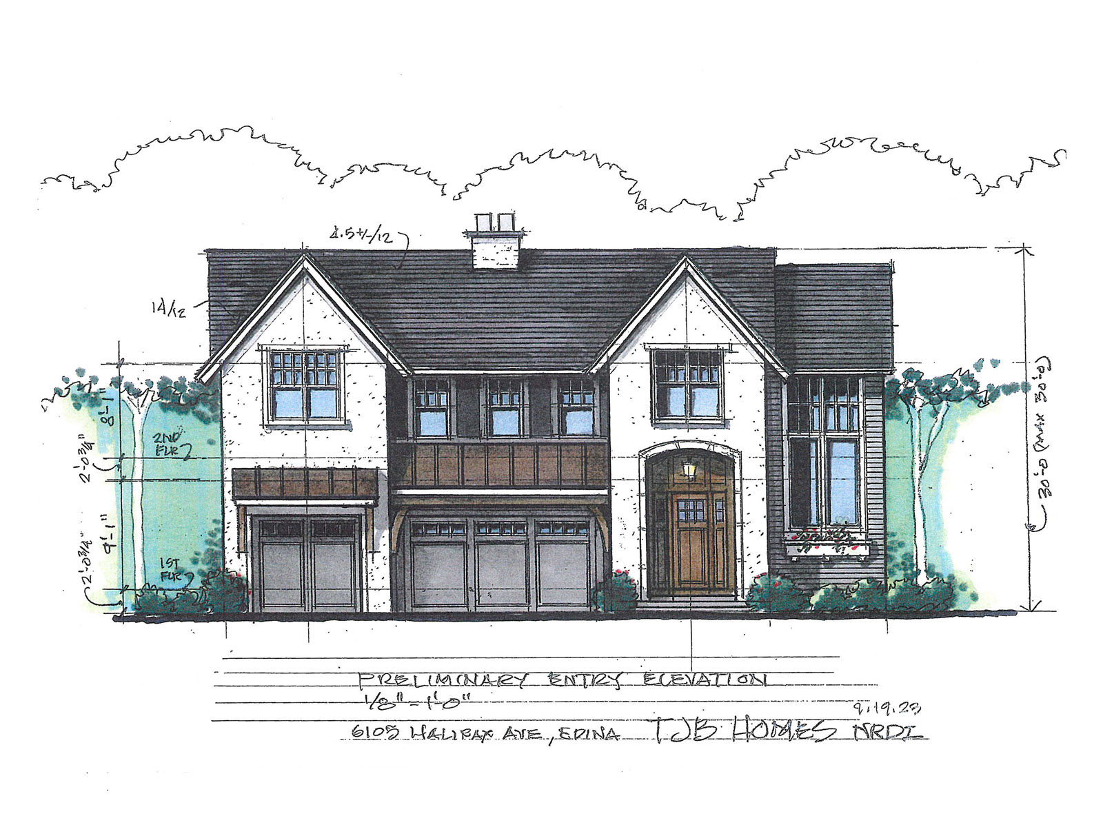 Luxury custom home plan front color rendering
