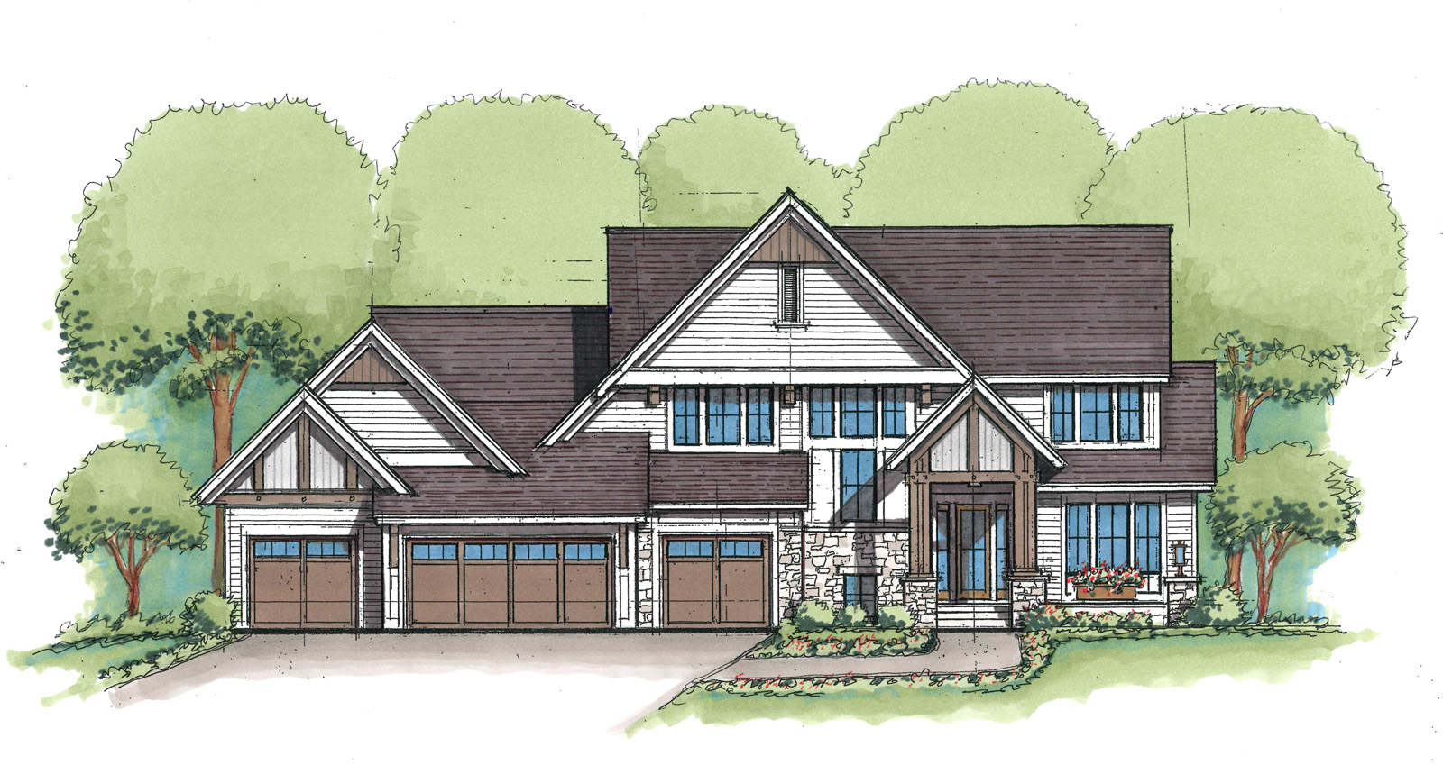 Home plan front elevation plan. 0.69 acre wooded lot