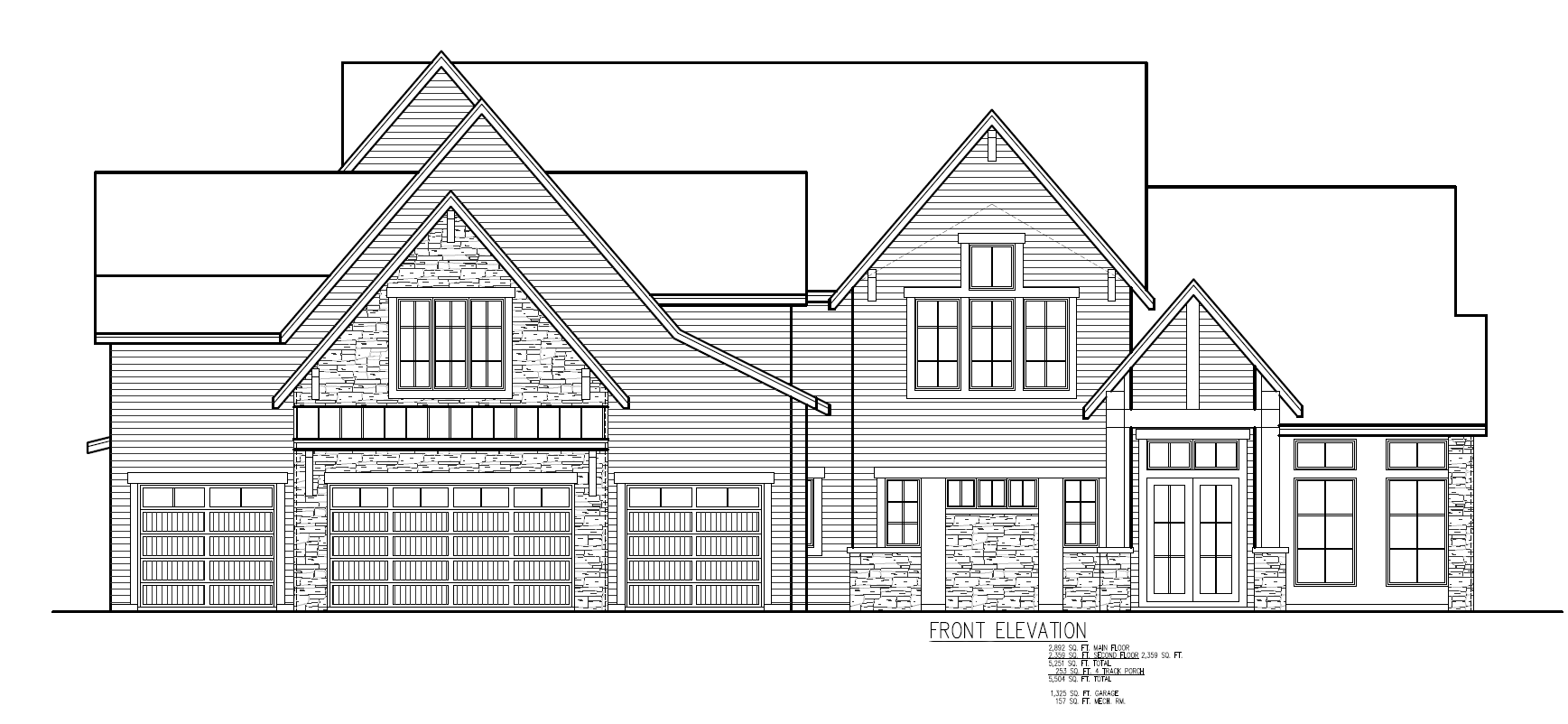 Home plan front elevation plan color rendering. 0.69 acre wooded lot