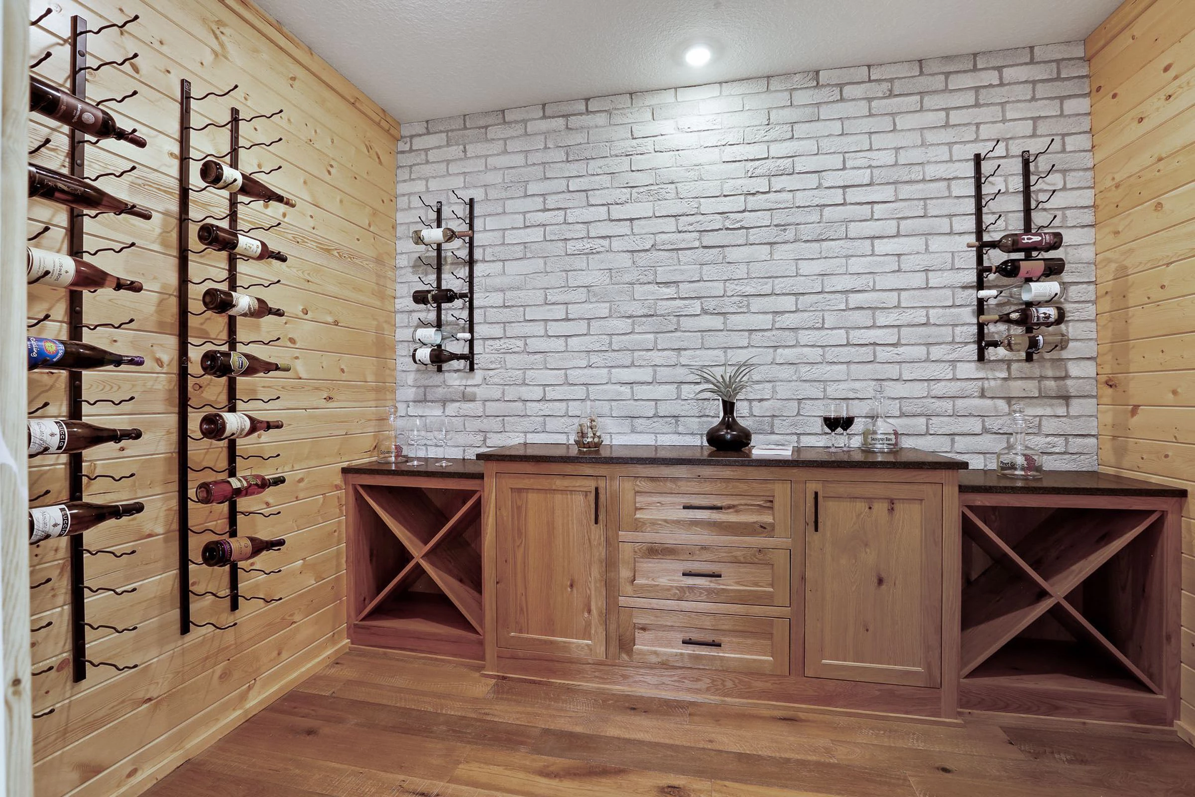 Walk-in wine room with custom shelving
